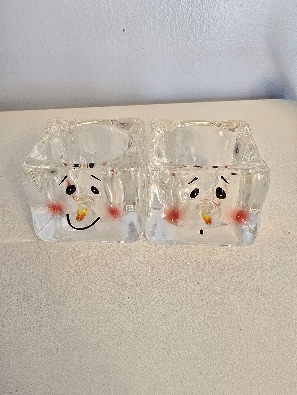 2 Department Dept. 56 Clear Glass Ice Cube Snowman Faces Candle Holders